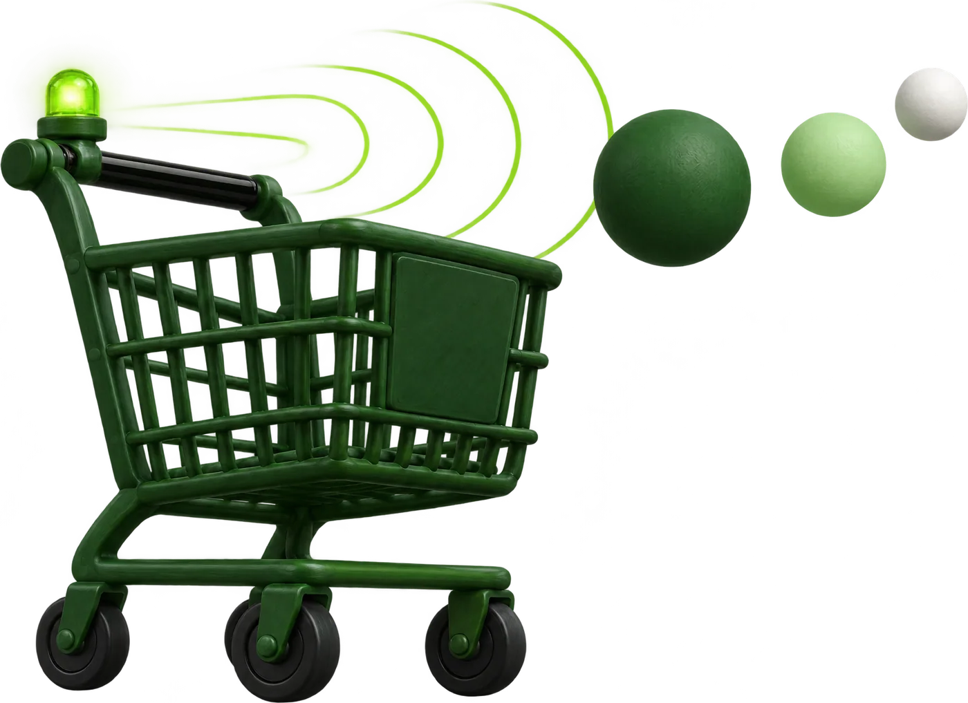 A lime green beacon on a forest green cart sending concentric signal rings toward three floating spheres.