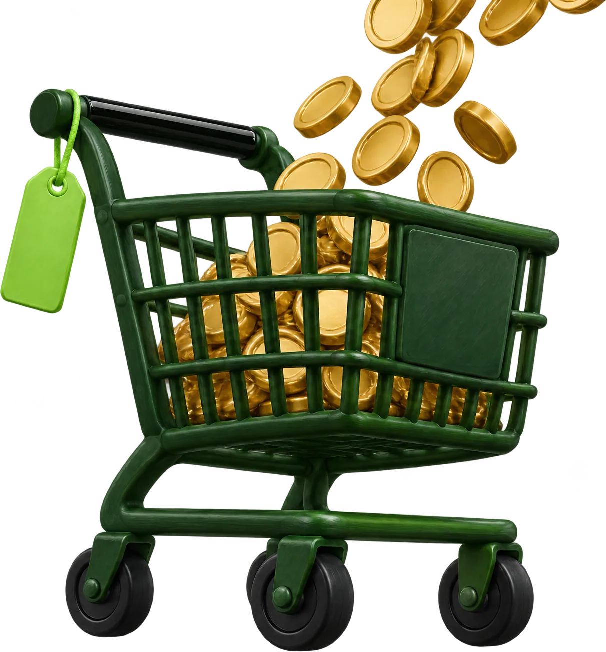 A forest green shopping cart with glossy gold coins spilling back into it.