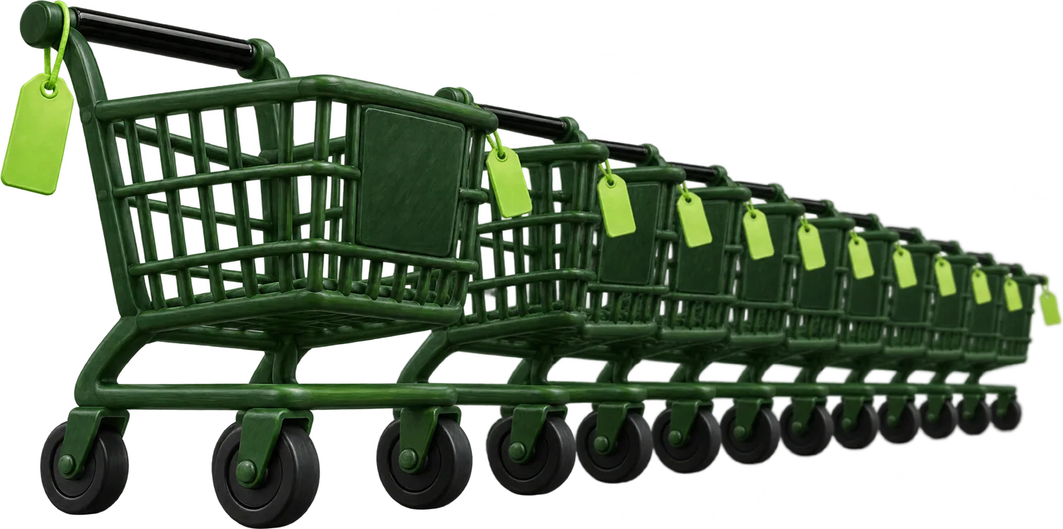 A long row of forest green shopping carts, each with a lime name tag, receding into the distance.