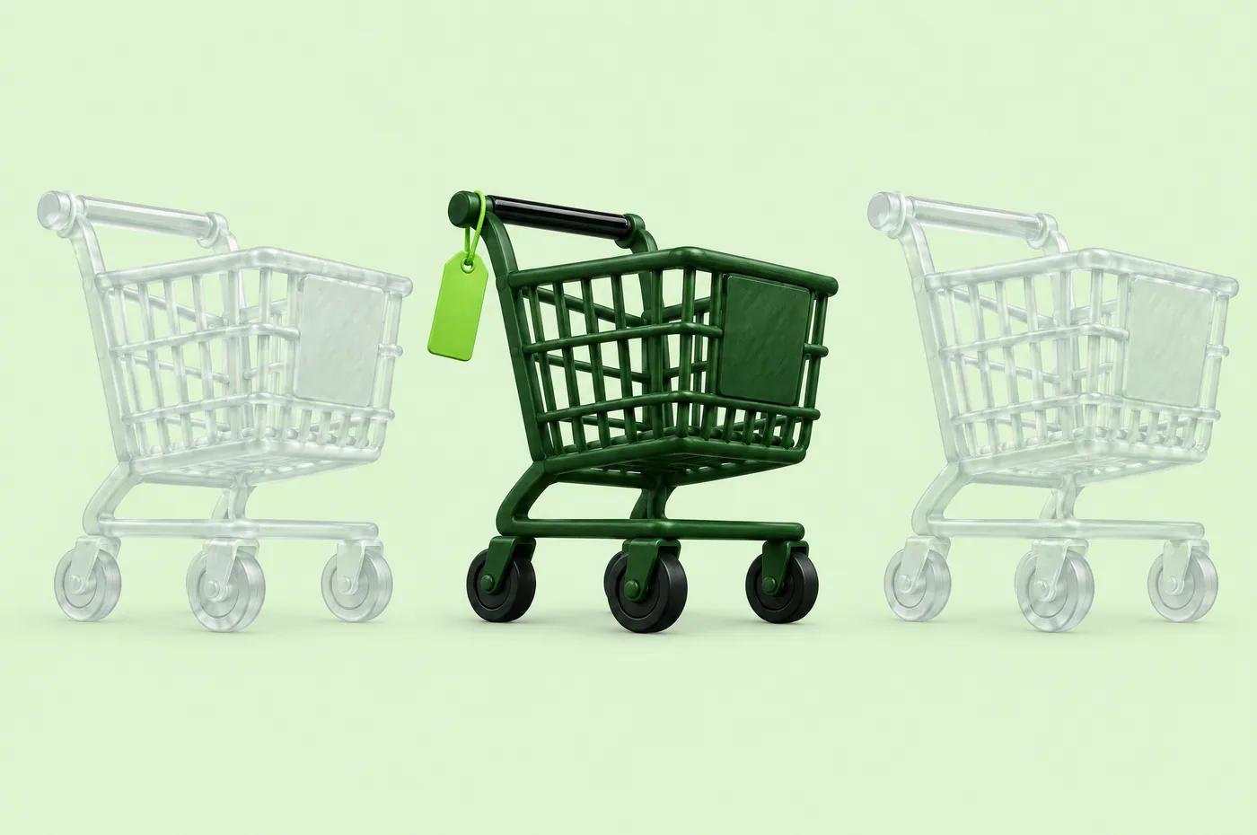 Three shopping carts side by side. Two are pale and translucent, the third is solid forest green with a lime name tag.