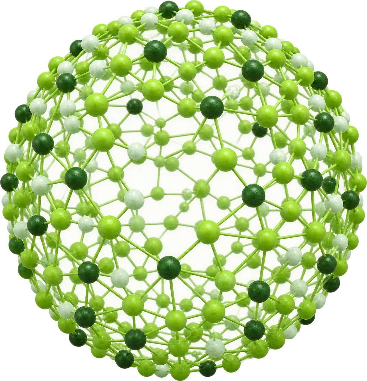 A sphere built from a lattice of lime and pale green nodes, floating on deep forest green.
