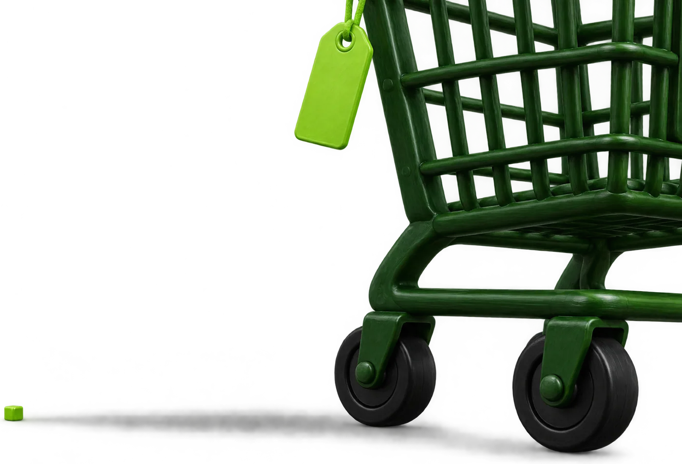 A single glossy lime green cube, the size of one pixel, casting a long soft shadow beside a forest green cart.